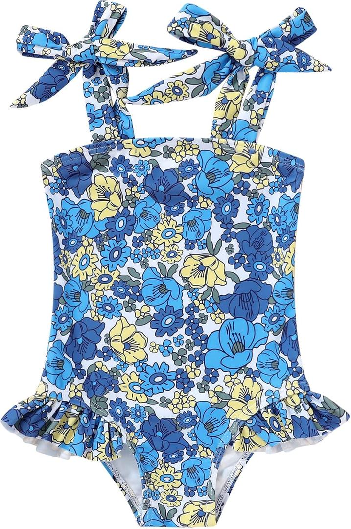 YOUNGER TREE Toddler Swimsuit Girl Color Block Stripe One-Piece Swimwear Baby Girl Bathing Suits (12-18 Months, Blue Flowers)