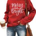Merry and Bright Sweatshirt Women Long Sleeve Christmas Shirts Letter Print Xmas Holiday Tops Red
