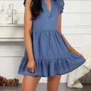 POTILI Denim Dress for Women Ruffle Short Sleeve V Neck Jean Mini Dress with Pockets (Blue, M)