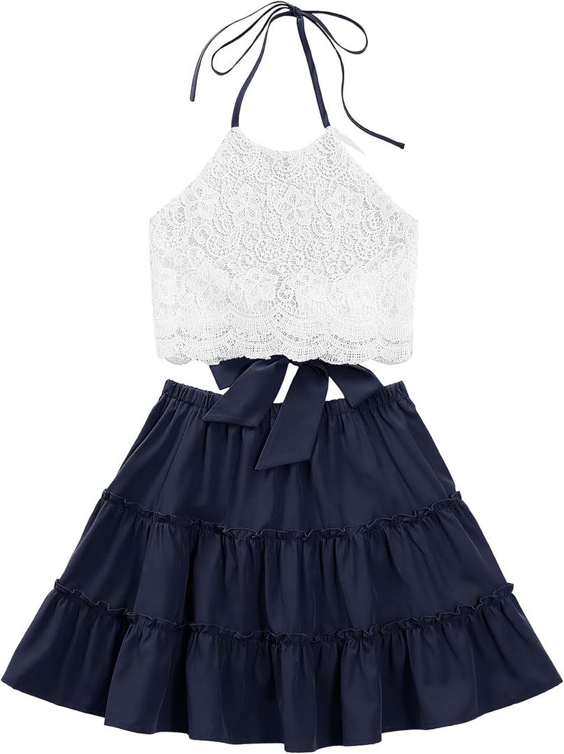 LYANER Women's 2 Piece Outfits Summer Lace Halter Cami Crop Top with Floral Mini Skirt Set (Navy Blue) LYANER Women's 2 Piece Outfits Summer Lace Halter Cami Crop Top with Floral Mini Skirt Set (Navy Blue)