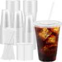 16 oz 100 Pack Plastic Cups with Lids and Straws, Sturdy Food Safe Iced Clear Coffee Cups Disposable Smoothie Cups for Cold Drinks