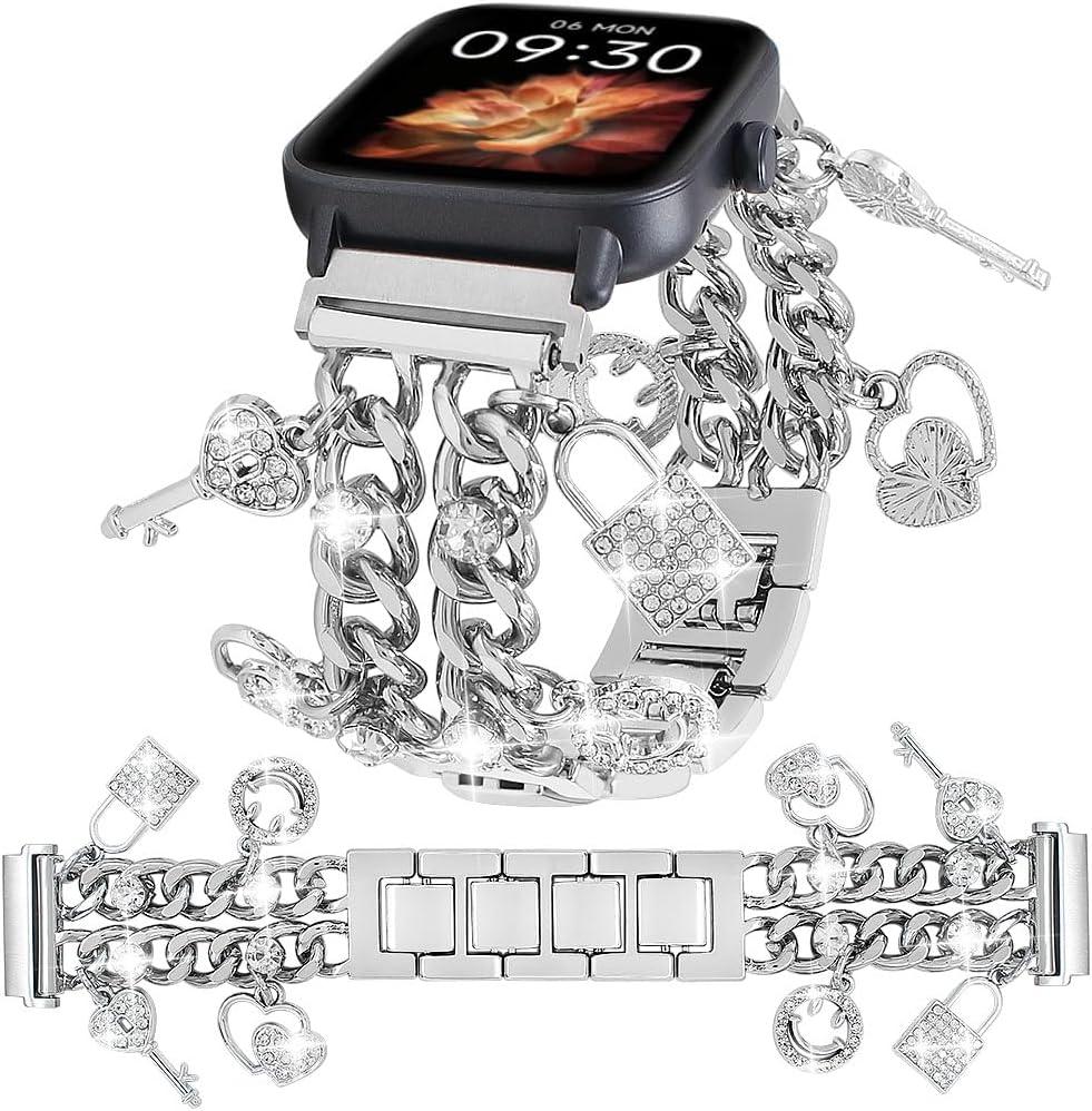 22mm Cuban Chain Band Compatible with Samsung Galaxy Watch 3 45mm,Gear S3 Frontier/Classic,Galaxy Watch 46mm,IDW19,IDW17,13,Bling Diamond Metal Wristband with Cute Charms Pendants Women