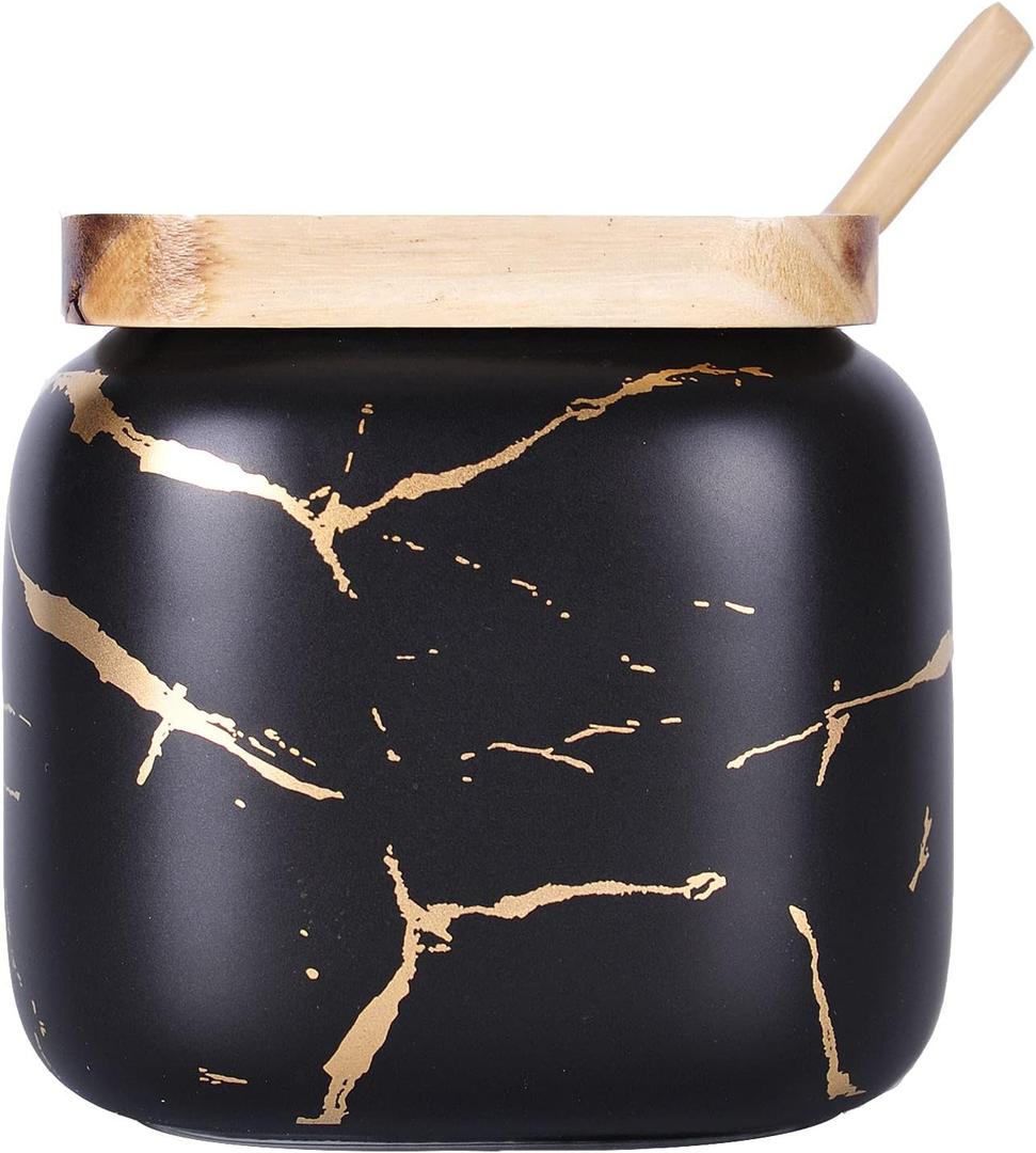 VanEnjoy Decorative Marble Inlay Glaze Ceramic Sugar Spice Containers Porcelain Jar with Bamboo Lid and Spoon Condiment Jar for Home (Black)