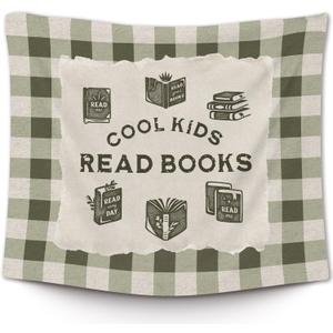 XLDLIOO Cool Kids Read Books Wall Tapestry, Vintage Classroom Wall Tapestry Hanging, Green Buffalo Checkered Tapestries Decor Art for Kids Reading Room Corner Nook Library Classroom, 50x60in