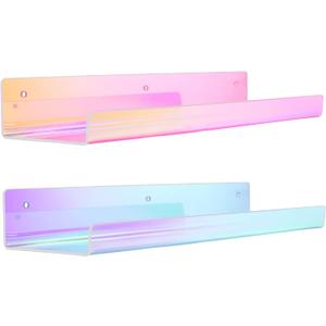 upsimples Acrylic Shelves for Wall Decor, 15" Display Shelf for Perfume, Skincare, Nail Polish, Wall Organizer for Bathroom, Bedroom, Living Room, Playroom, Kids Bookshelf, Iridescent, 2 Pack