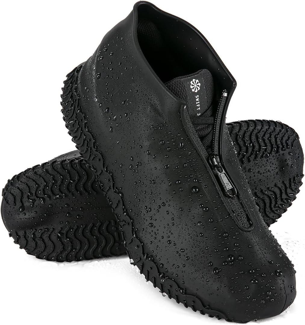 Waterproof Rain Shoe Covers, Silicone Overshoes with Zipper Non-slip Galoshes for Men and Women (L(Women 7.5-10.5,Men 6.5-9), Black)