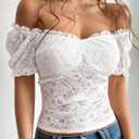 Lace Tops for Women Off Shoulder Going Out Tops Sexy Sheer Mesh Puff Short Sleeve Summer Crop Floral Corset Top (White, XL)