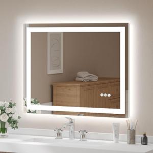 USHOWER LED Bathroom Mirror 40x32 Inch Tempered Glass - Frameless LED Backlit Lighted Mirror for Bathroom Vanity with Anti-Fog, 3 Colors Dimmable, Memory Function, Wall-Mounted (Rectangle)