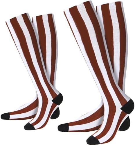 Jeyiour 2 Pairs Brown and White Striped Socks Striped Knee High Socks Factory Worker Costume Accessories S