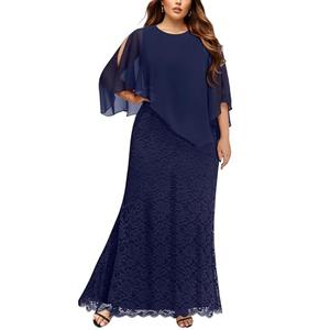 Plus Size Mother Bride Women Navy Blue Lace Long Cape Formal Wedding Guest Evening Gowns Bridesmaid Mermaid Prom Dress 26W