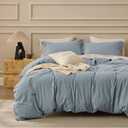 Bedsure 100% Washed Cotton Duvet Cover Queen Size - Dusty Blue Minimalist Cotton Bedding Linen Like for All Seasons - GentleSoft™ Plain Simple Duvet Cover, 3 Pieces (Dusty Blue, Queen, 90"x90")