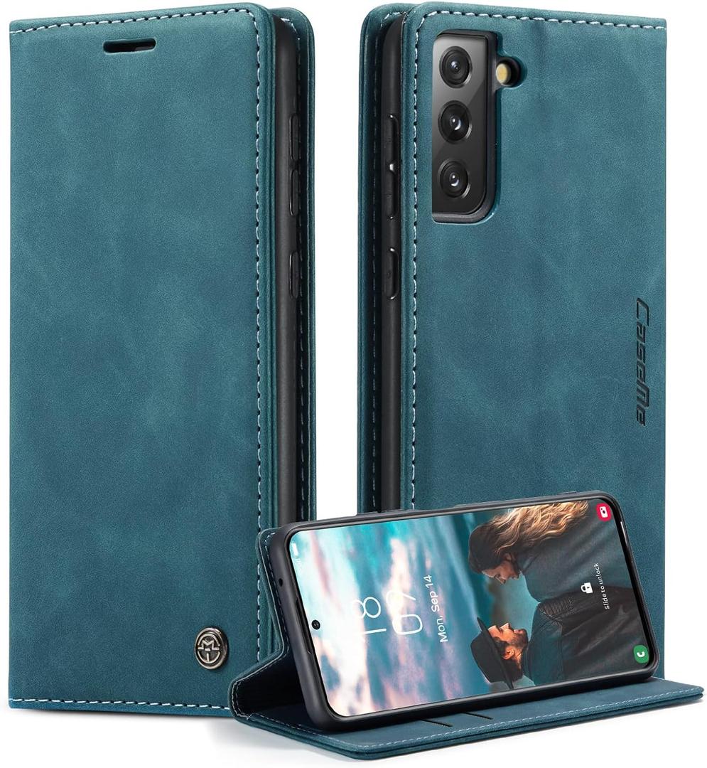 for Samsung Galaxy S21 FE Case, Flip Wallet Leather Case with Card Holder Magnetic Closure Shockproof Kickstand Protective Phone Cases Cover for Samsung S21 FE, Blue-Green