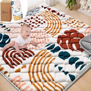 Baby Play Mats for Floor, 50x50 Playpen Mat for Babies, Extra Thicker & Soft Floor Crawling Mat, Foldable Non-Slip Playmat Cushioned for Infants Toddlers, Boho Leaf Design (Brown)