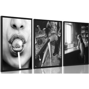 Black and White Funky Girl Canvas Wall Art Retro Disco ball Lollipop Painting Picture Wall Decor Cheetah Trend in the Bar Aesthetic Poster Print Artwork for Bar Living Room Bedroom Home Decoration