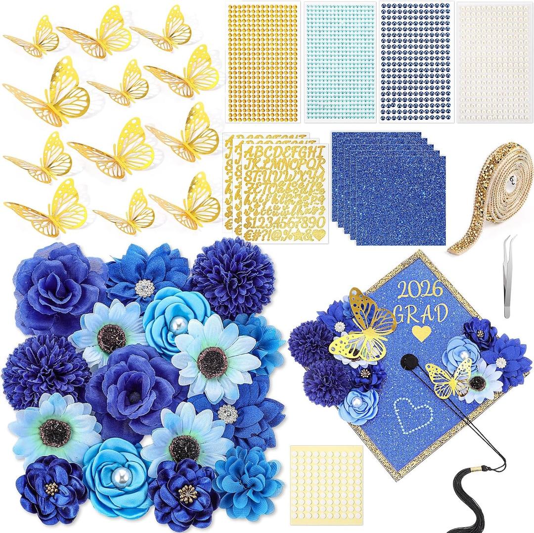 Wavwavw 43 PCS DIY Graduation Cap Decorations Kit, Grad Cap Decorations Included Faux Flowers 3D Butterfly Self Adhesive Rhinestones Stickers Alphabet Letter Stickers for 2026 Grad Party (Blue)
