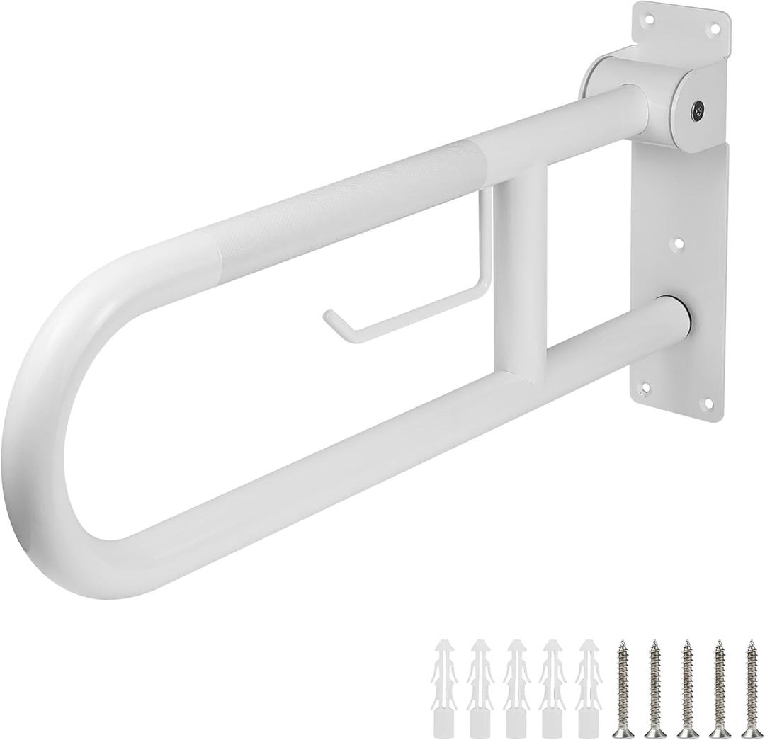 Handicap Grab Bar, 23.6 Inch Stainless Steel Toilet Safety Rails, White Disabled Flip-Up Bathroom Grab Bars with Paper Holder, Anti-Slip Toilet Handrails Hand Grips Grab Bars for Elderly