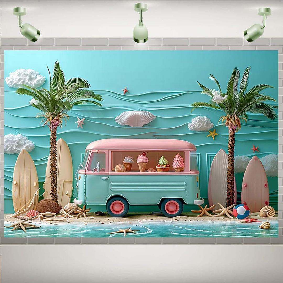 Ice Cream Dessert Truck Photography Backdrop Summer Beach Themed Party Decorations Background Palm Trees Kids Birthday Wedding Party Backdrop (7X5FT,2)