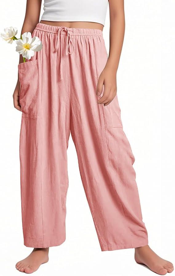 Flygo Girls Wide Leg Pants Casual Flowy Elastic Waist Palazzo Harem Trousers with Pockets, Size XL