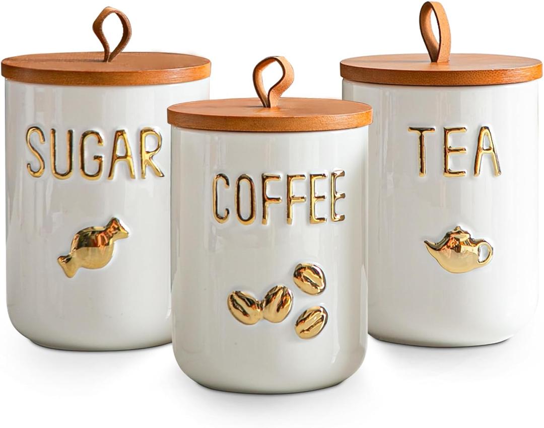 White Ceramic Canister Set for Coffee Tea Sugar, 3-Piece Food Storage Jars with Wood Airtight Lids, Decorative Small Container for Kitchen Pantry Counter - 25oz