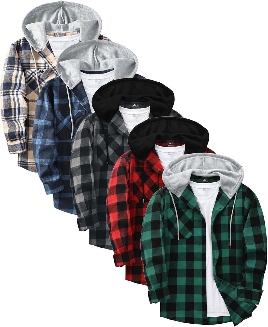 5 Pack Men's Flannel Shirt Plaid Hoodie Fall Casual Button Down Shirt Jackets Long Sleeve Stylish Hooded with Pocket (XX-Large, Black Gray/Green/Navybeige/Navy/Montage10)