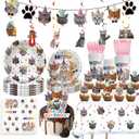 Cat Birthday Party Supplies for 20 Guests  Kitten Themed Birthday Decorations with Plates, Cups, Napkins, Banner, Hanging Swirls, Tablecloth, Cake Toppers and Cupcake Toppers for Cat Party (148PCS)