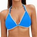 Jolefille Triangle Bikini Tops for Women Halter Neck Swimsuit Tops Whip Stitch Color Block Bathing Suit Padding Swim Top Only, Medium