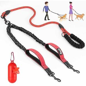 Lukovee Double Dog Leash, No Tangle 360° Swivel Heavy Duty Reflective Lead with Padded Handle Dual Dog Splitter, Comfortable Shock Absorbing Walking Training for Small Medium Large Dogs(Red,L)