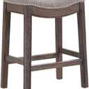 Williston Counter Height Stool, Dark Brown, Solid Rubberwood Frame with Gray Linen-Like Upholstered Seat, Silver Nailhead Accents, Footrest with Metal Kick Plate