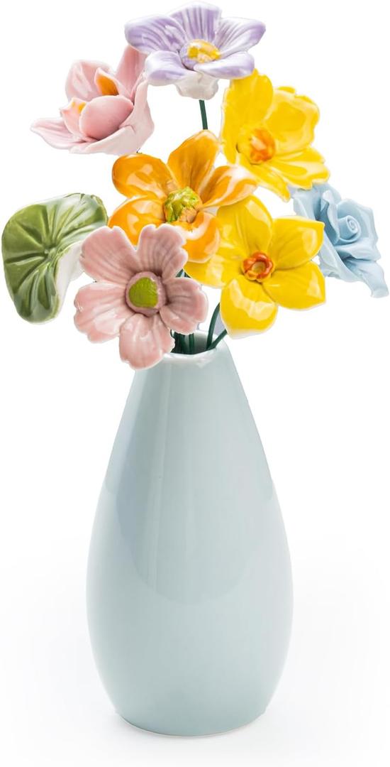 Handmade Ceramic Flowers, A Set of Porcelain Artificial Flower Leaf w/A Blue Vase for Living Room, Bedroom, Office Decor. No Assembly Required