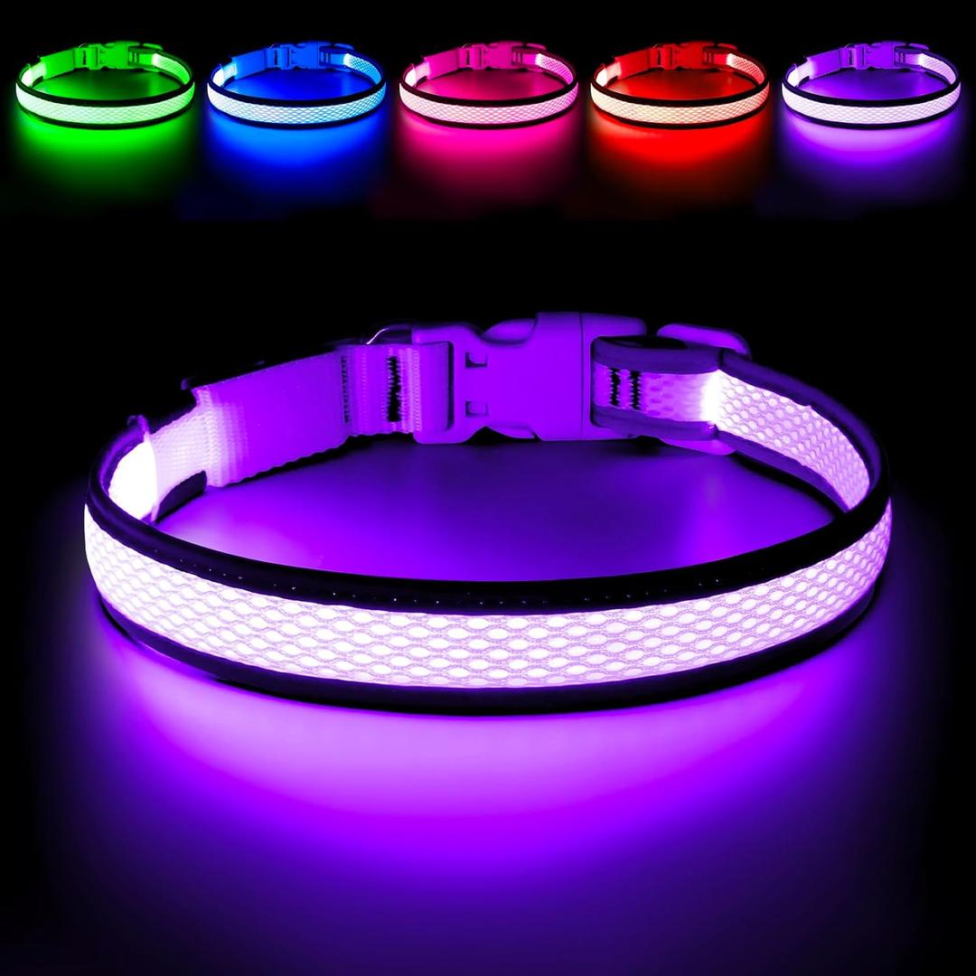 Flashseen LED Dog Collar, Light Up Dog Collar USB Rechargeable, Brightest Dog Lights for Night Walking, Adjustable Dog Collar Light for Dog Safety (Purple, Small)