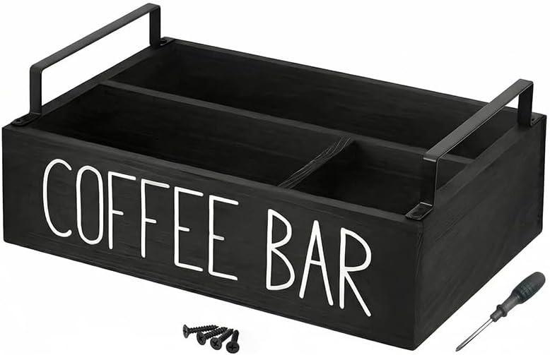 Coffee Bar Organizer Caddy, Black Wood, 3 Compartments, 11.8x7.8x3.1 Inches, Kitchen Counter Storage