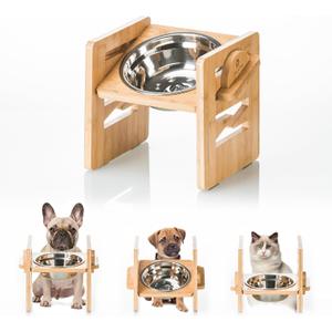 Elevated Dog Bowl 2.4-6.7 with Food Grade 304 Stainless Steel 15 OZ, 6 Heights Bamboo Dogs Bowl Stand fo, 1 Pack