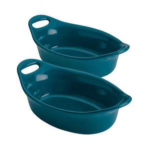 Rachael Ray Solid Glaze Ceramics Au Gratin Bakeware / Baker Set, Oval - 2 Piece, Teal
