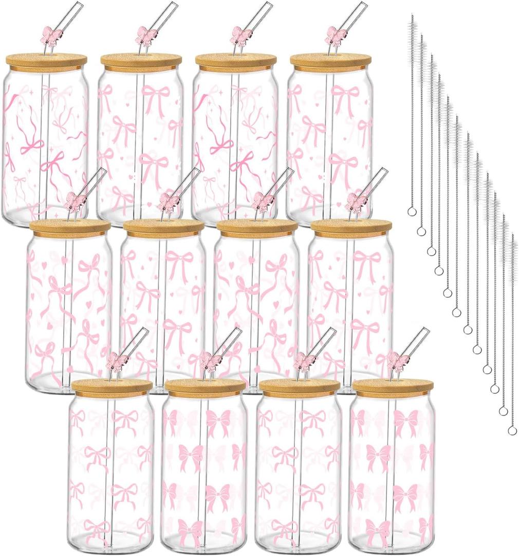 12Pcs Pink Bow Glass Cups with Lids and Straws 16oz Cute Coquette Ribbon Drinking Glasses Cups Iced Coffee Cup for Women Girls Friend Bridesmaid Coffee Tumbler Bridal Shower Gifts