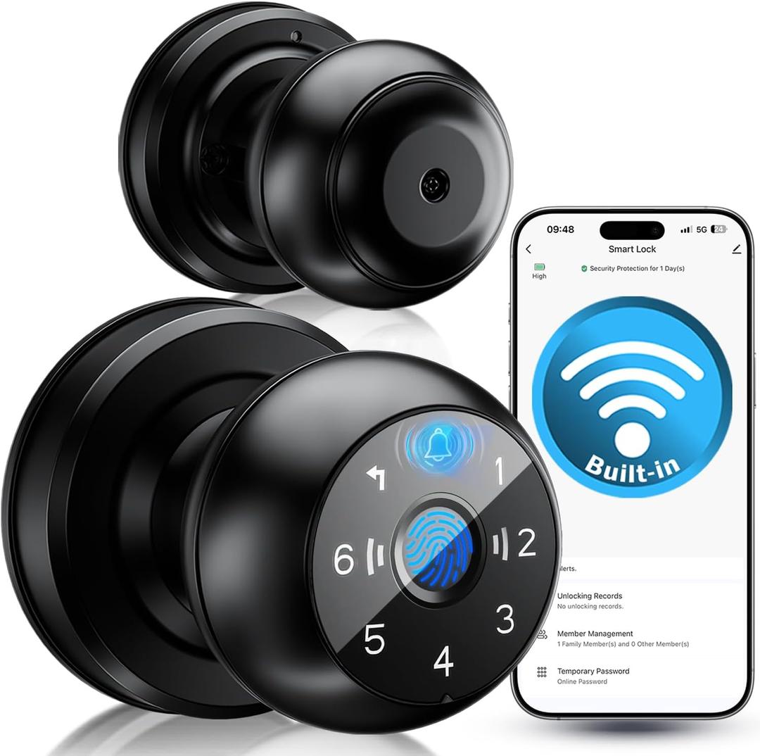 WiFi-Triggered 5-in-1 WiFi Smart Fingerprint Door Knob Lock with Keypad - Lock-Side Programming, Local Data Storage, Doorbell-Triggered Remote Unlock, Real-Time Alerts - Ideal for Bedrooms, Offices (Matte Black)