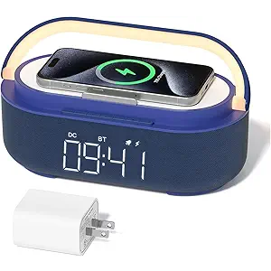 COLSUR Bluetooth Speaker Alarm Clock with Wireless Charger, FM Radio, Adjustable LED Night Light, 6 in 1 Bedroom Portable Speaker 2500mAh, Phone Stand for Bedside, Home, Office, Gift (Blue)