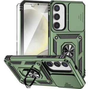 for Galaxy S25 Plus Case with Slide Camera Cover HD Screen Protector [Military Grade 16ft. Drop Tested] Magnetic Ring Kickstand Protective Phone Case for Samsung Galaxy S25 Plus (Olive Green)