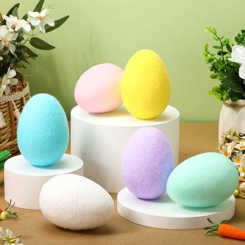 Wonderjune 6 Pcs Large Easter Eggs 4" Foam Flocked Eggs for Easter Centerpieces for Spring Home Office Table Decor, Party Supplies Gifts for Friends (Soft Color)