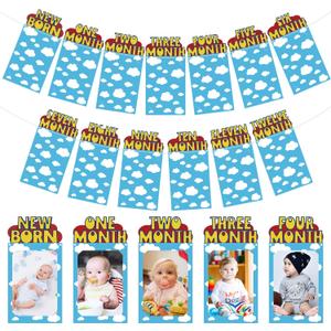 Oudain Cartoon 1st Birthday Photo Banner for Baby from Newborn to 12 Months Inspiration 1st Birthday Party Decorations for Girl Boy Monthly Milestones Garland
