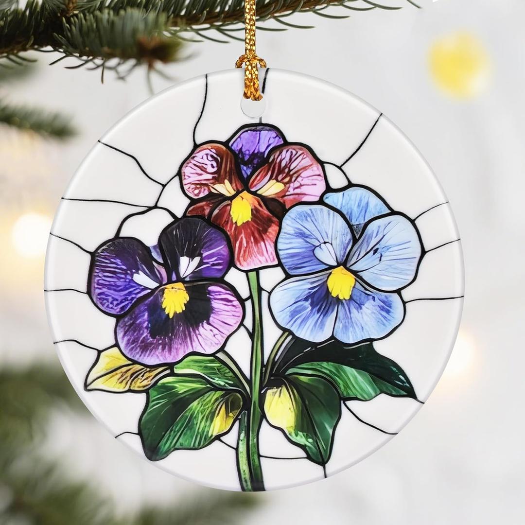 Christmas Ornaments, 2.8in Ceramic Birth Flower Ornament, Xmas Decor, Christmas Tree Ornaments, Xmas Decorations for Tree, Holiday Ornament, Birth Flower Gifts, Gift Ideas, Gifts for Women - Feb