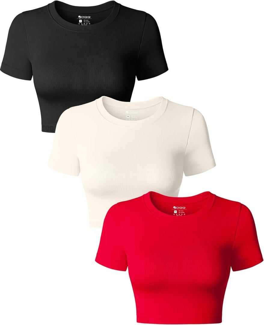 OQQ Women's 3 Piece Crop Tops Crew Neck Shorts Sleeve Stretch Fitted Shirts Crop Tops (Small, Black, Red, Beige)