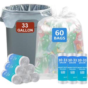 30-33 Gallon 1.1 Mil Clear Trash Bags Heavy Duty 60 Count with 4 Innovative Flap Ties | Compatible with Rubbermaid Brute & Winco & Behrens 30-33 Gallon Round Trash Can | Tear & Leak Resistant