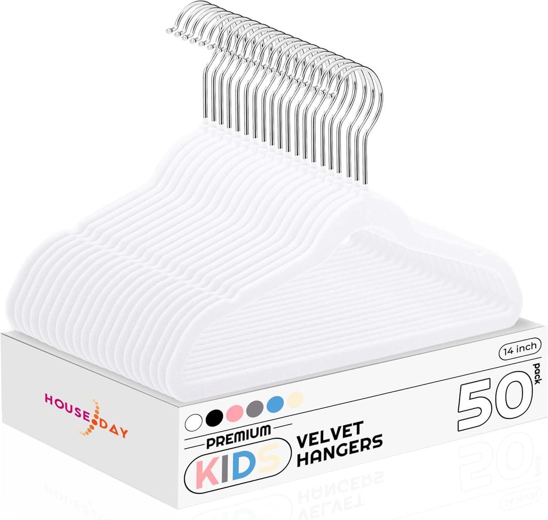 HOUSE DAY 14 Inch Kids Velvet Hangers 50 Pack, Durable Big Kids Hangers for Youth,Teen, Non Slip Kid Felt Hanger, Cute Childrens Hanger for Closet, White