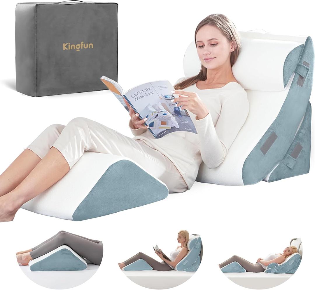 Kingfun 4PCS Orthopedic Bed Wedge Pillow Set for After Surgery, Memory Foam Support Pillow for Back, Neck and Leg Pain Relief, Adjustable Triangle Pillow - Acid Reflux, Anti Snoring & GERD
