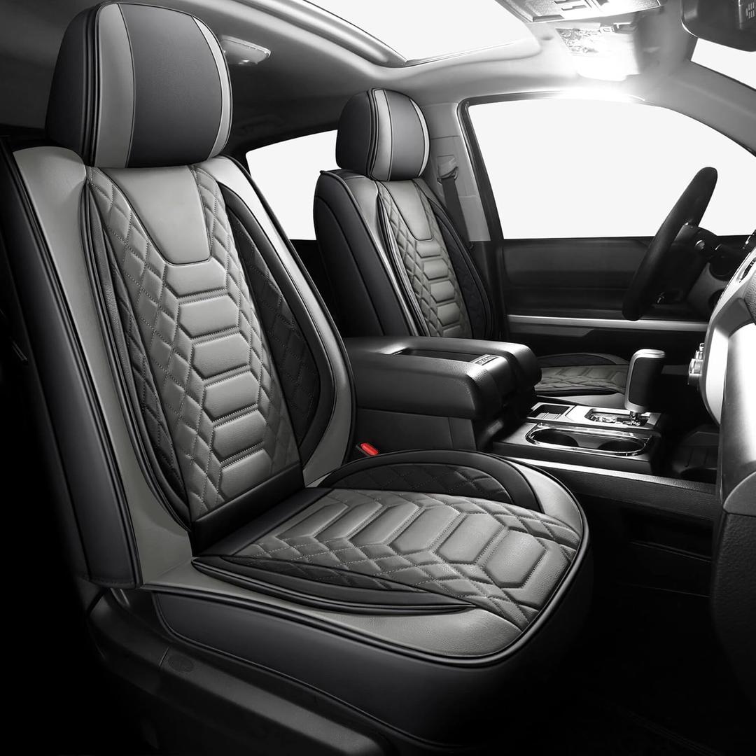 FREESOO Tundra Seat Covers 2 Front Set, Fit for Toyota Tundra 2007-2021 Crewmax Cab, Custom Truck Seat Covers with Waterproof Faux Leather BlackGrey