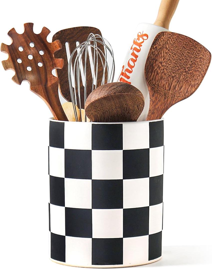 Utensil Holder7.2 Inch Checkered Utensil Holder, Ceramic Cooking Utensil Spoon/Spatula Holder for Countertop, Kitchen Decor and Accessories for counte(Black)