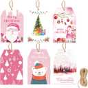 HOWAF 60pcs Pink Christmas Gift Tags, Winter Christmas Gift Wrapping Tags with String for Christmas Holiday Party Supplies, Xmas Decorations Santa Hanging Tags Label DIY Kraft Label Decorations
