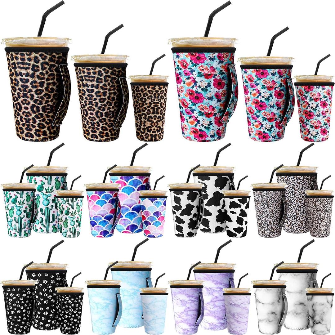 Hoolerry 30 Pcs Reusable Iced Coffee Sleeve for Cold Beverages Cups Reusable Neoprene Insulator Cup Sleeve with Handle Neoprene Holder Suitable for Hot and Cold Coffee or Ice Drink Fits 16-32oz