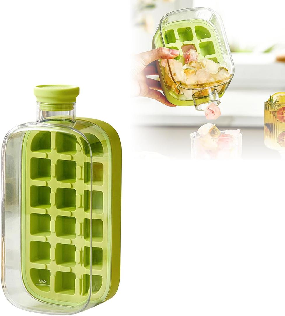 Ice Cube Bottle, Ice and Water Cup In One, Touch-Free Ice Cube Tray Water Bottle, Ice Maker, Silicone Water Bottle Ice Cube Tray Press Easy Ice Release For Freezer,Coffee,Juice,Beverage (Green-12grid)
