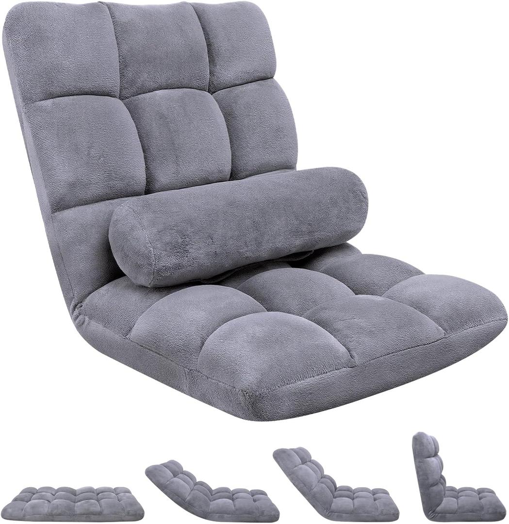 HOPERAN Floor Chair with Back Support, 6-Poistion Adjustable Floor Gaming Chair for Adults, Padded Reclining Floor Chair, Folding Floor Chairs for Meditation, Sleeping, Reading, Gaming, Grey